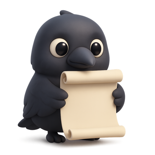 Corvi the raven holding a blank page