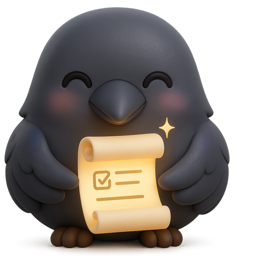 Corvi the raven, cradling a glowing plan scroll