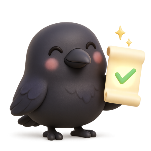 Corvi the raven holding a finished plan with a green check