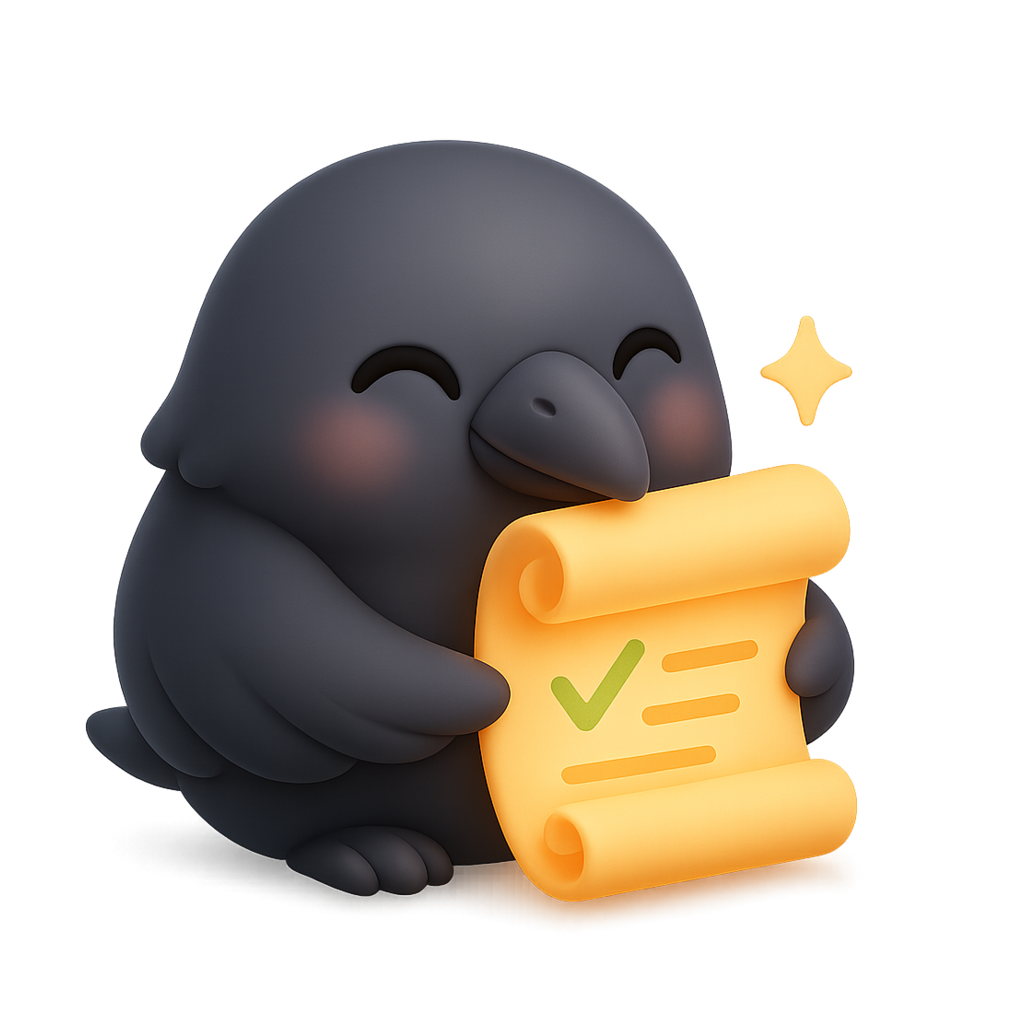 Corvi the raven cradling a glowing plan scroll