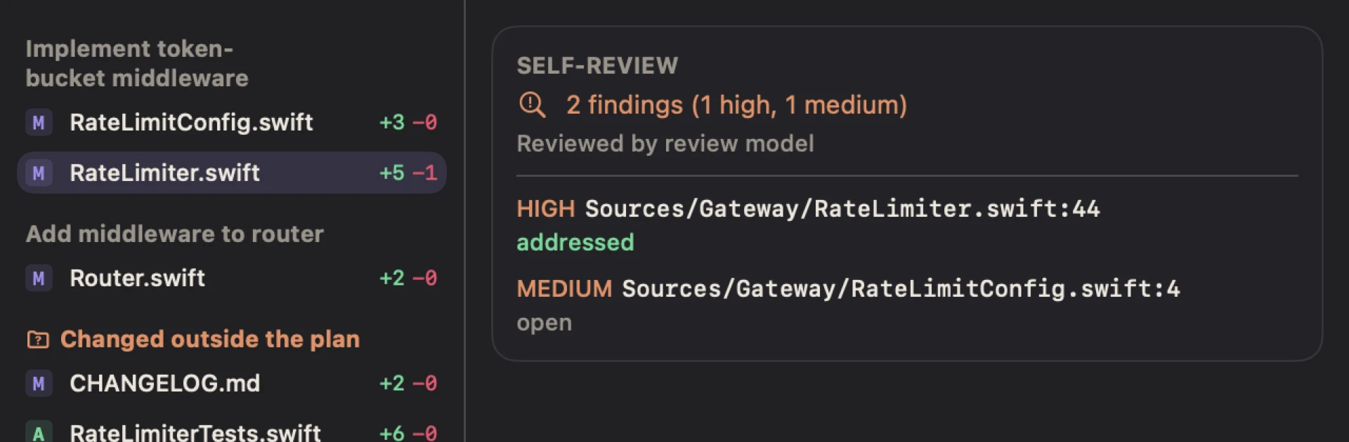 The changes view beside the self-review panel: edited files with diff stats, plus findings cited to file and line and marked addressed or open