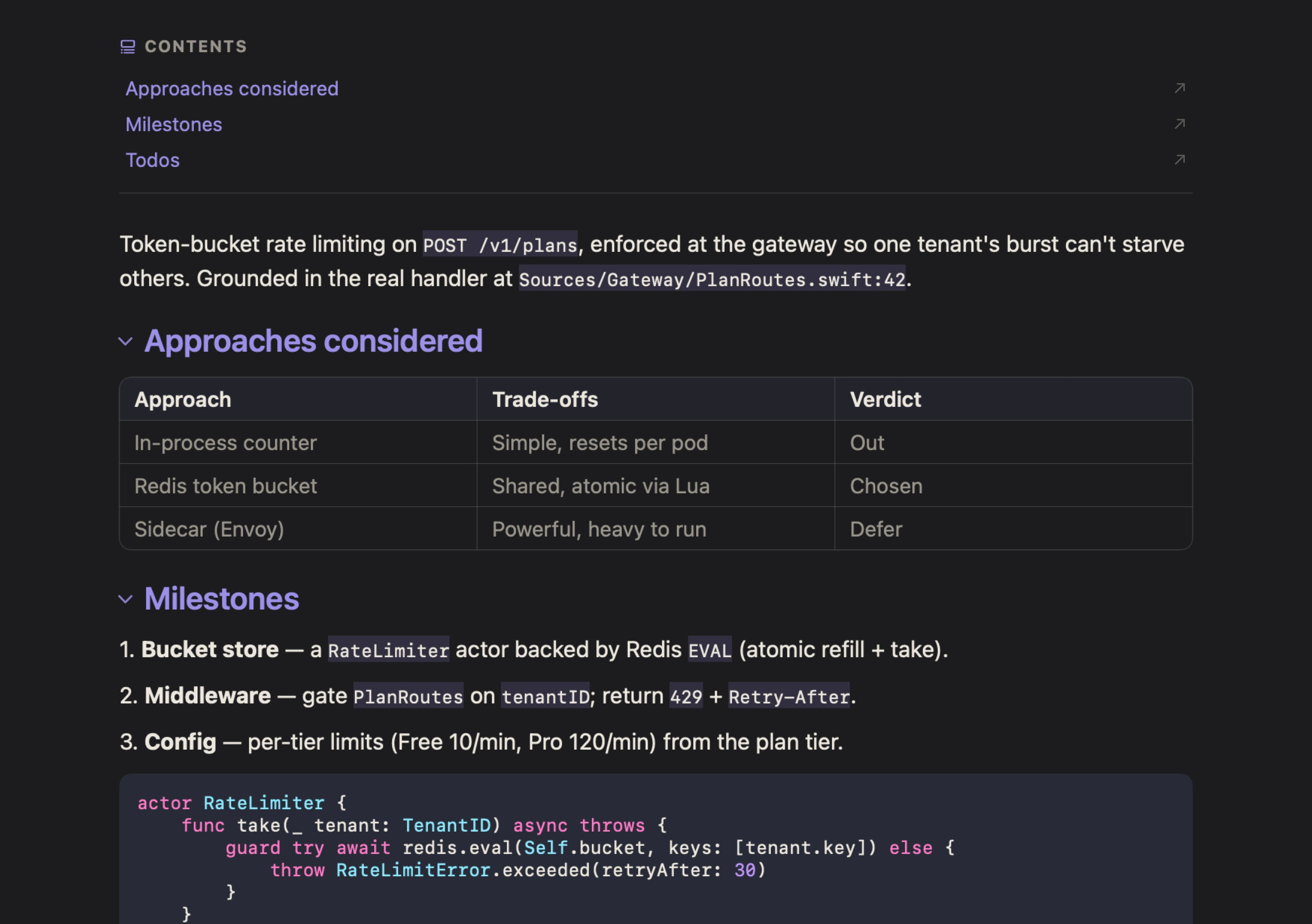 A grounded plan: the cited handler path, an approaches table, milestones with code