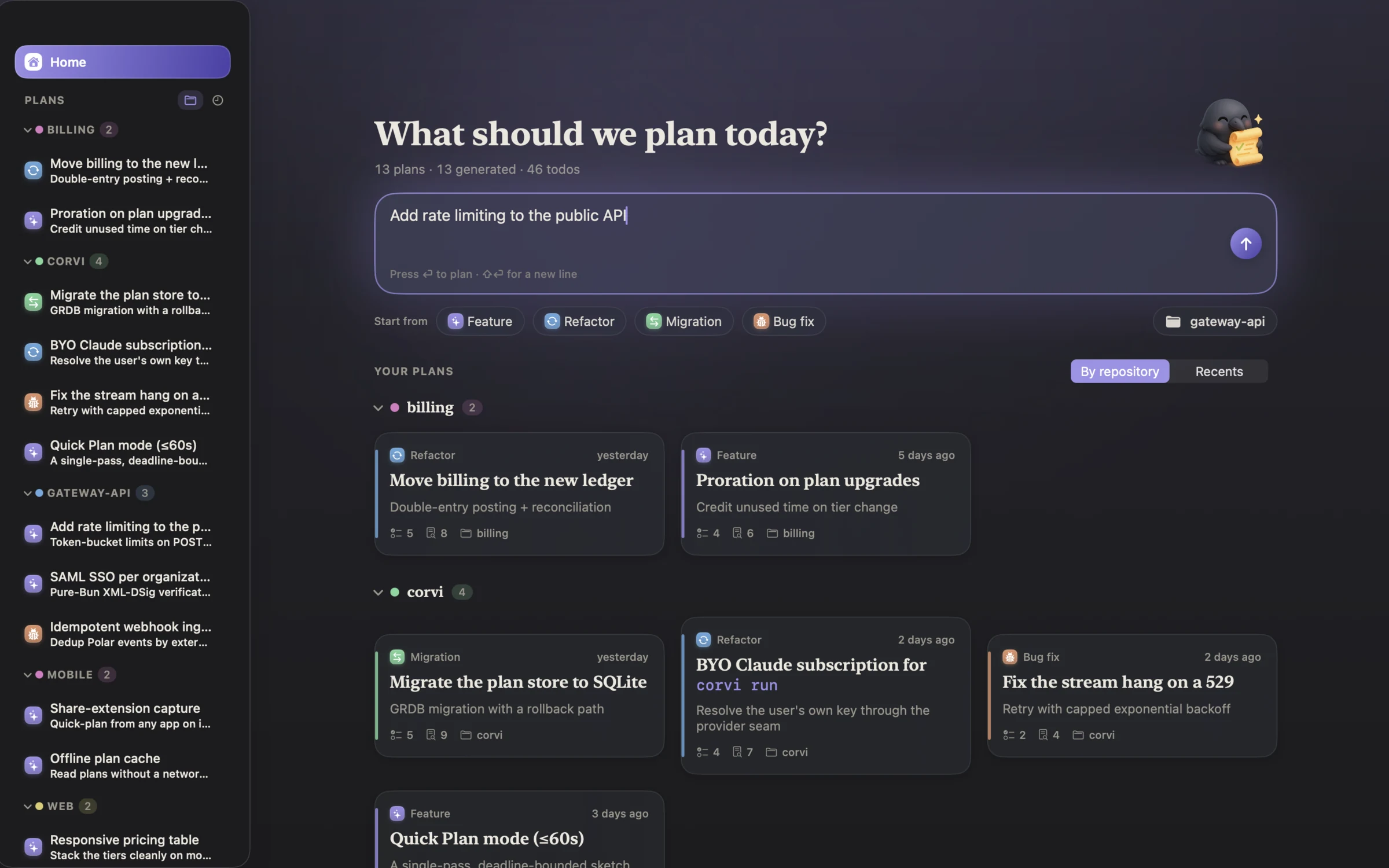 The Corvi app: a change typed into the prompt — 'Add rate limiting to the public API' — ready to plan